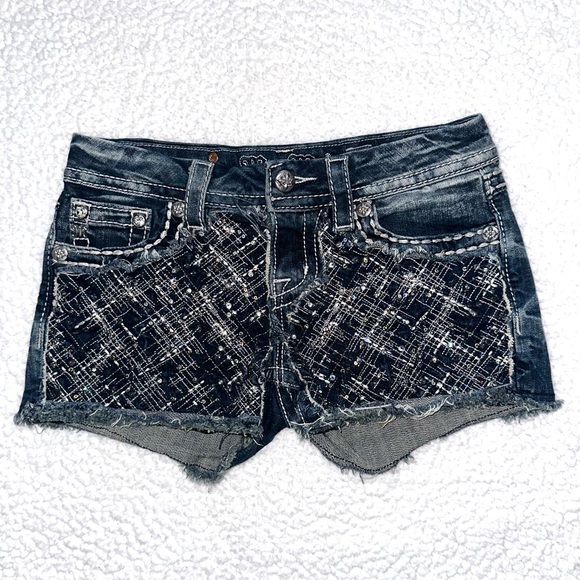 MISS ME signature low rise jean shorts cutoff denim embellished distressed 26 - Picture 3 of 15